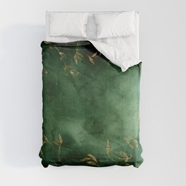 Winter Gold Flowers On Emerald Marble Texture Comforter
