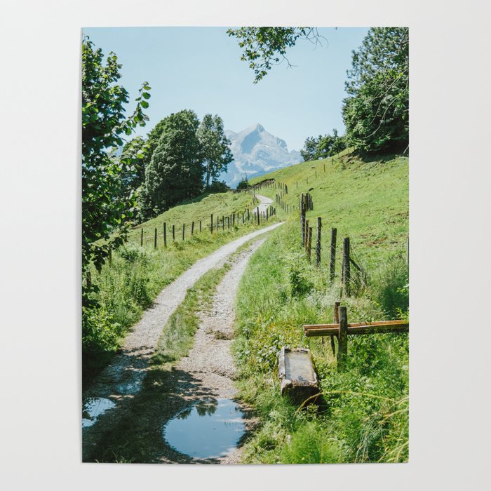 Water Trough in Rural Alps - Summer Mountains Landscape Photography - Pathway in Meadow Poster