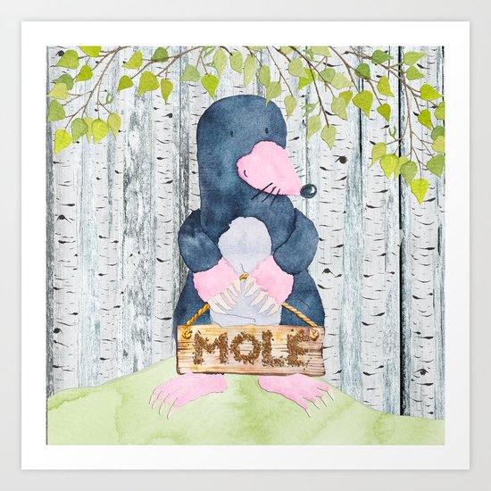 The busy Mole - Woodland Friends- Watercolor Illustration Art Print