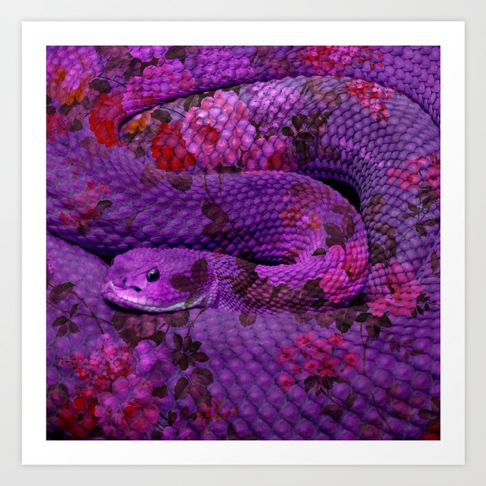 floral snake purple art print by thepurplebuffalo