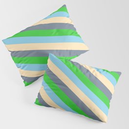 [ Thumbnail: Sky Blue, Beige, Slate Gray, and Lime Green Colored Striped/Lined Pattern Pillow Sham ]