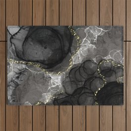 Trendy Chic Black White Gold Abstract Modern Outdoor Rug