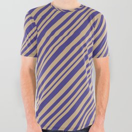 [ Thumbnail: Tan and Dark Slate Blue Colored Lines Pattern All Over Graphic Tee ]
