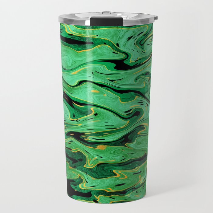 Emerald green and black fluid art, bright green marble texture Travel Mug