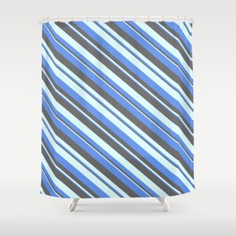 [ Thumbnail: Cornflower Blue, Dim Gray, and Light Cyan Colored Striped Pattern Shower Curtain ]