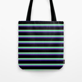 [ Thumbnail: Beige, Green, Orchid, Midnight Blue, and Black Colored Lined Pattern Tote Bag ]