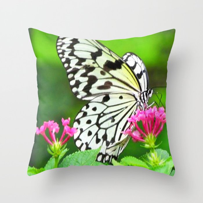 Butterfly and Pink Flowers Throw Pillow