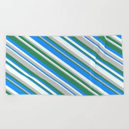 [ Thumbnail: Blue, Mint Cream, Grey, and Sea Green Colored Pattern of Stripes Beach Towel ]