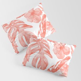 Tropical Hibiscus and Palm Leaves Dark Coral White Pillow Sham