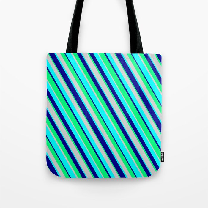 Light Gray, Cyan, Dark Blue & Green Colored Lines Pattern Tote Bag