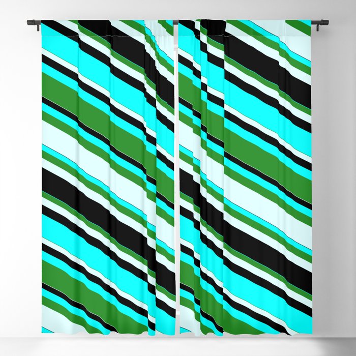 Aqua, Forest Green, Light Cyan, and Black Colored Lines/Stripes Pattern Blackout Curtain