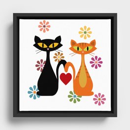 Mid Century black and orange cats in love Framed Canvas
