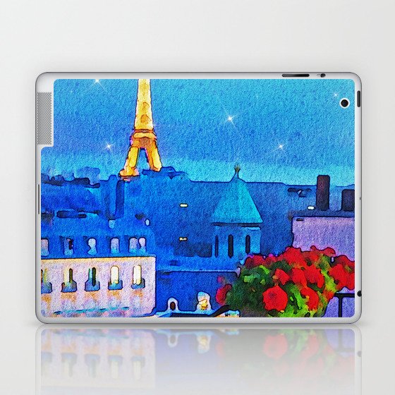 Paris balcony, Eiffel Tower night sky with twinkling stars watercolor romantic floral portrait painting Laptop & iPad Skin