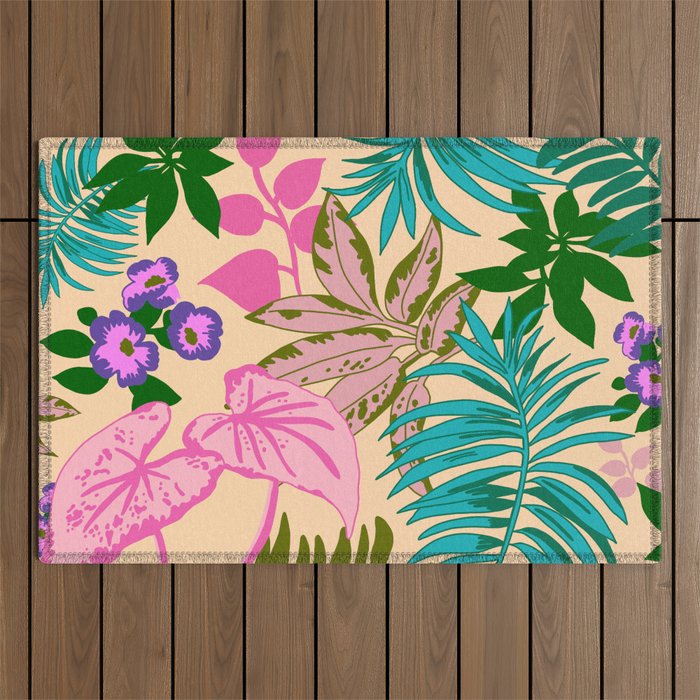Tropical leaves pattern - Neon Outdoor Rug