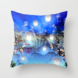 White lanterns with cherry blossom and mountain temple Throw Pillow