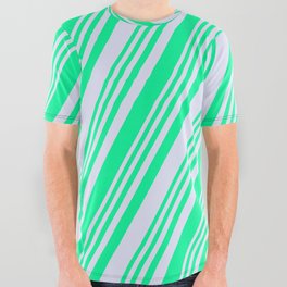 [ Thumbnail: Green & Lavender Colored Striped Pattern All Over Graphic Tee ]