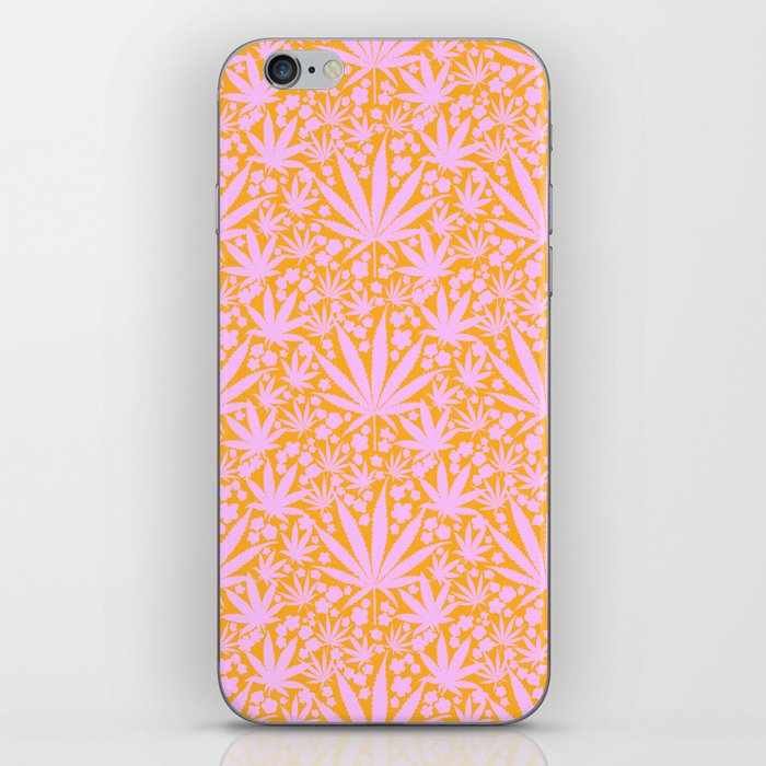Modern Cannabis Leaves And Flowers Pink Orange Retro Mid-Century Pretty Cheerful Floral Pattern iPhone Skin