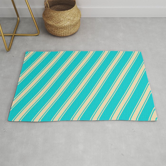 Dark Turquoise and Tan Colored Lines Pattern Rug
