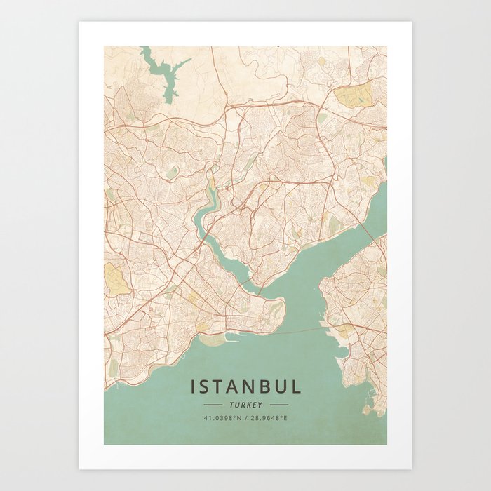 Istanbul, Turkey - Vintage Map Art Print