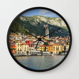 View of a Town on Lake Como, Varenna, Lombardy, Italy Wall Clock | Belltower, Lakecomo, Lakesidevillage, Architecture, Historic, Italyvarious, Horizontal, Italianalps, Lake, Buildingexteriors 