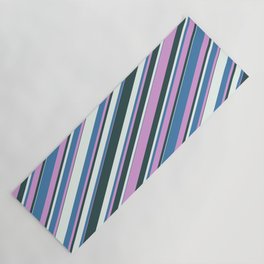 [ Thumbnail: Blue, Plum, Dark Slate Gray, and Mint Cream Colored Lined/Striped Pattern Yoga Mat ]