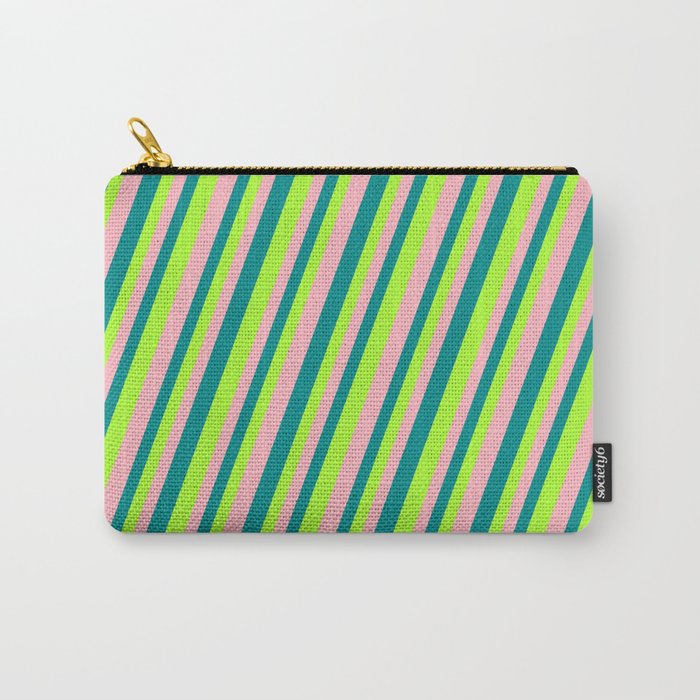 Dark Cyan, Light Green, and Light Pink Colored Lined Pattern Carry-All Pouch