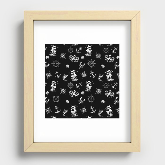 Black And White Silhouettes Of Vintage Nautical Pattern Recessed Framed Print