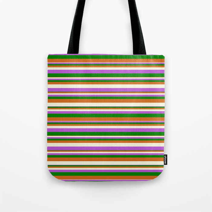 Chocolate, Beige, Orchid & Green Colored Striped/Lined Pattern Tote Bag