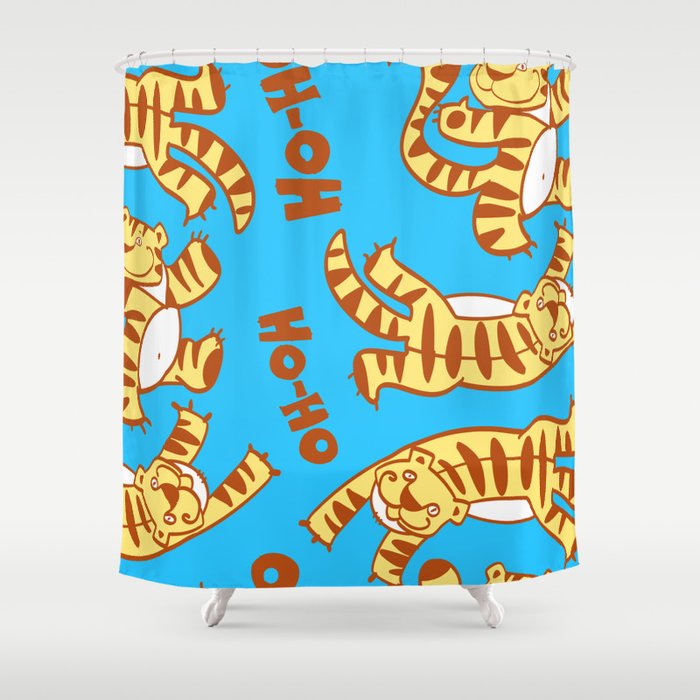 seamless background of funny tiger cubs, text HO-HO, cartoon images of animals, funny predators.  Shower Curtain