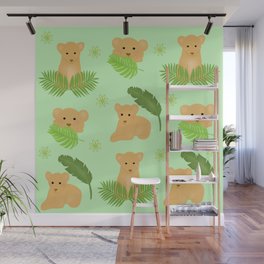 Lion cub leaves green pattern Wall Mural