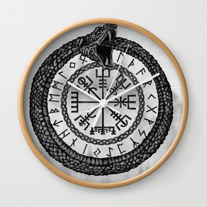 Vegvisir with Ouroboros and runes - grayscale Wall Clock