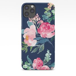 Navy and Pink Watercolor Peony iPhone Case