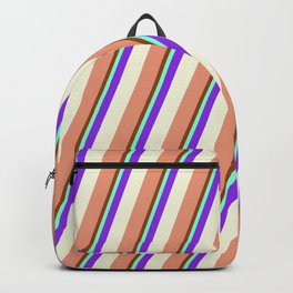 [ Thumbnail: Vibrant Brown, Aquamarine, Purple, Beige & Dark Salmon Colored Lined Pattern Backpack ]
