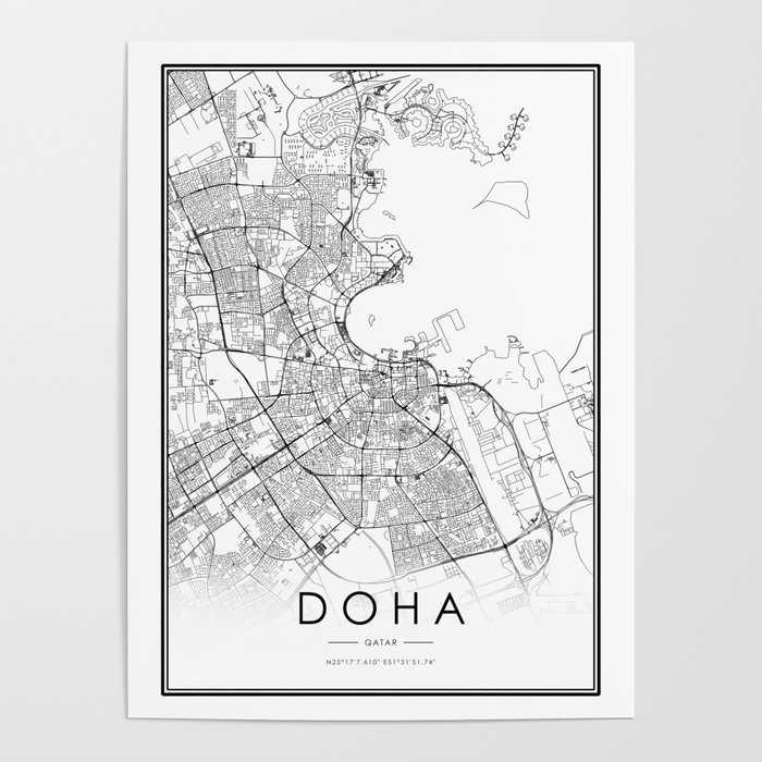Doha City Map and 23maps White Poster Society6 Qatar by | Black