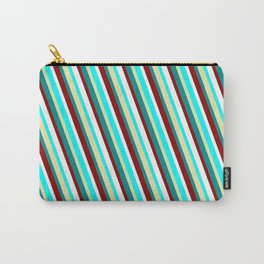 [ Thumbnail: Vibrant Cyan, Pale Goldenrod, Dark Cyan, Dark Red & White Colored Striped Pattern Carry-All Pouch ]