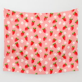 Strawberry Pattern- Pink Background Wall Tapestry