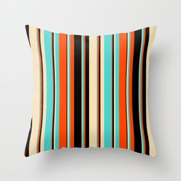 [ Thumbnail: Red, Black, Tan & Turquoise Colored Lined/Striped Pattern Throw Pillow ]