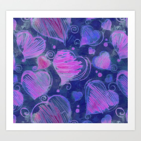 Deep pink and blue hand drawn hearts pattern Art Print