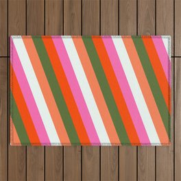 [ Thumbnail: Eyecatching Red, Dark Olive Green, Coral, Mint Cream & Hot Pink Colored Stripes Pattern Outdoor Rug ]