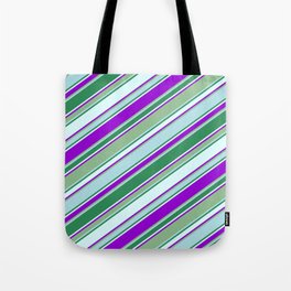 [ Thumbnail: Vibrant Dark Sea Green, Powder Blue, Sea Green, Light Cyan & Dark Violet Colored Lines Pattern Tote Bag ]