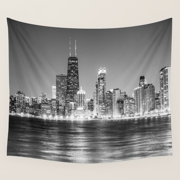 Chicago Skyline Black And White Wall Tapestry By Crazytz