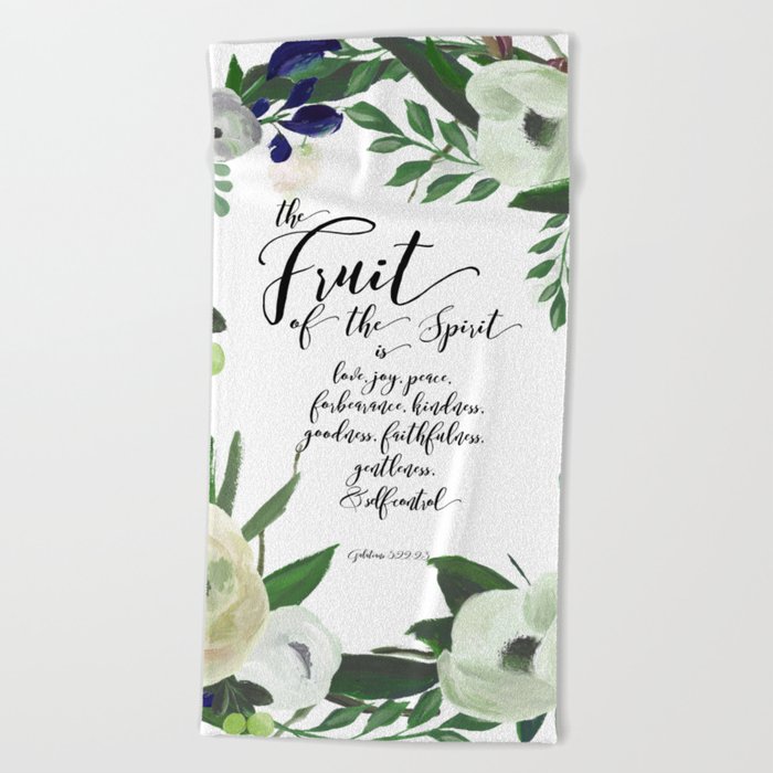 Fruit of the Spirit, navy, ivory, green floral palette Beach Towel