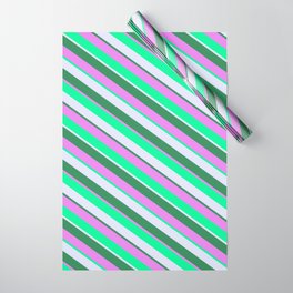[ Thumbnail: Lavender, Sea Green, Violet & Green Colored Lined Pattern Wrapping Paper ]