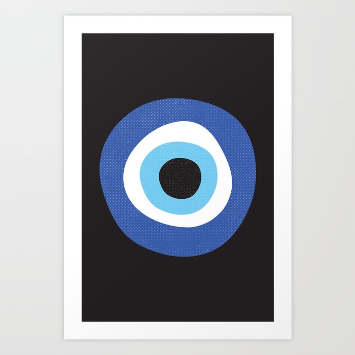 Blue Evil Eye Symbol Lucky Charm Black Background Art Print