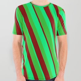[ Thumbnail: Green, Lime Green & Dark Red Colored Stripes/Lines Pattern All Over Graphic Tee ]