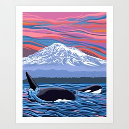 Orca Momma and calf - Ballet Slipper Art Print | Sea, Whale, Orca, Dolphin, Marinelife, Killer, National Park, Mountains, Landscape, Whales 