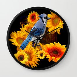 DECORATIVE BLUE JAY YELLOW SUNFLOWERS BLACK ART Wall Clock