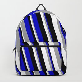 [ Thumbnail: Blue, Dark Grey, White, and Black Colored Stripes/Lines Pattern Backpack ]
