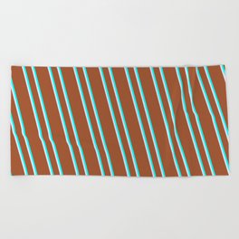 [ Thumbnail: Sienna, Cyan & Lavender Colored Lined Pattern Beach Towel ]