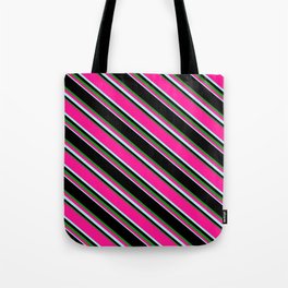 [ Thumbnail: Black, Forest Green, Deep Pink & Turquoise Colored Lined Pattern Tote Bag ]